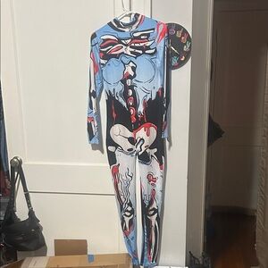 Graphic Skeleton Print Jumpsuit in Light Blue, Black & Red